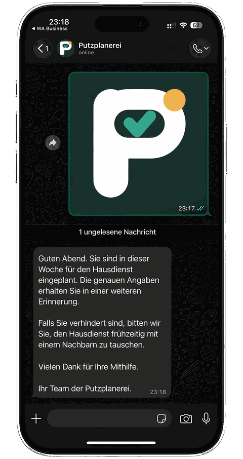 Ein iPhone zeigt eine Erinnerung der Putzplanerei: Das Treppenhaus ist diese Woche dran.