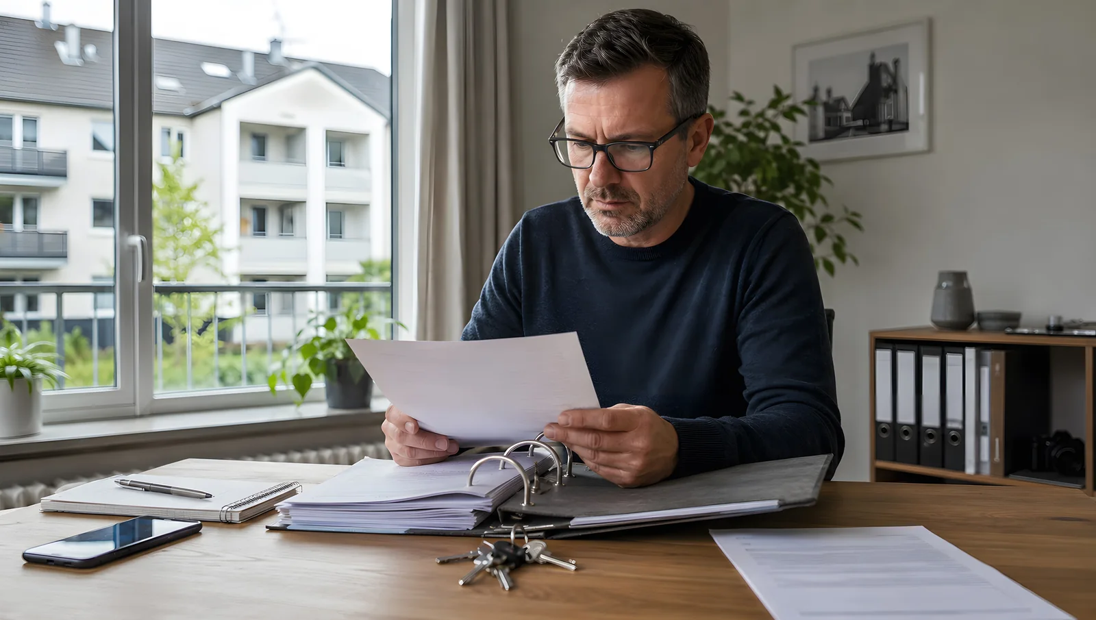 Vermieter prüft Hausordnung und Mietunterlagen für ein Mehrfamilienhaus