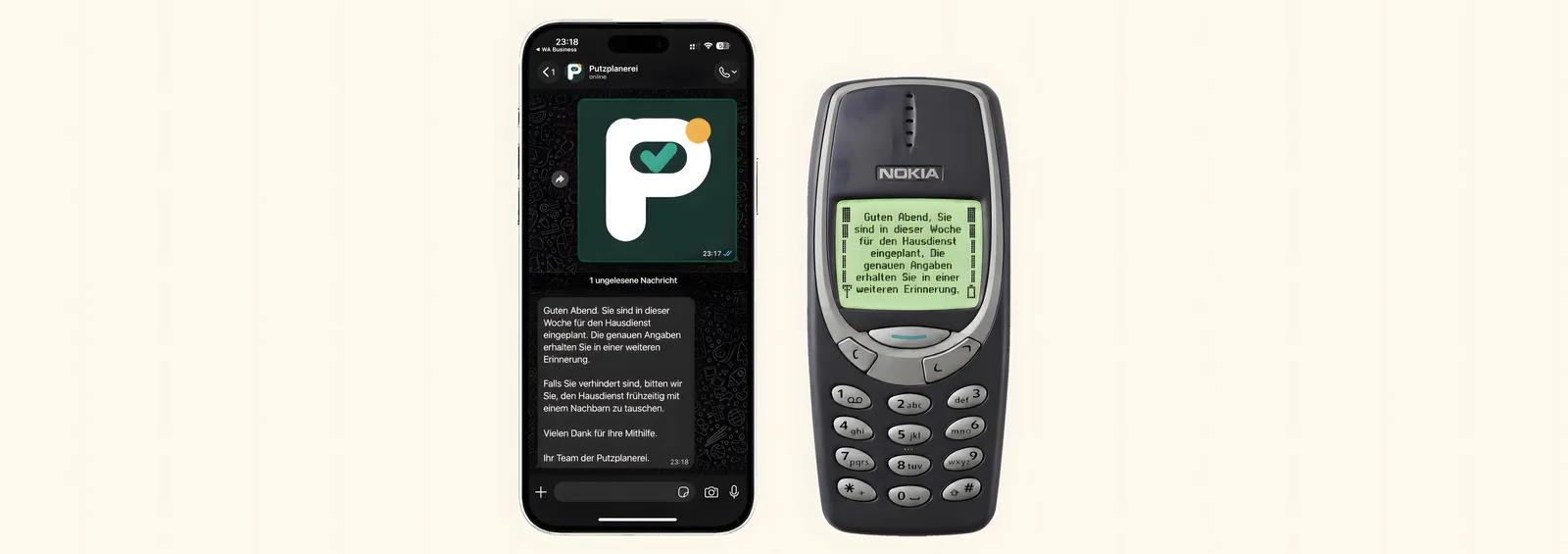 Dieselbe Putzplanerei-Erinnerung auf einem neuen iPhone per WhatsApp und auf einem Nokia 3310 von 1995 per SMS