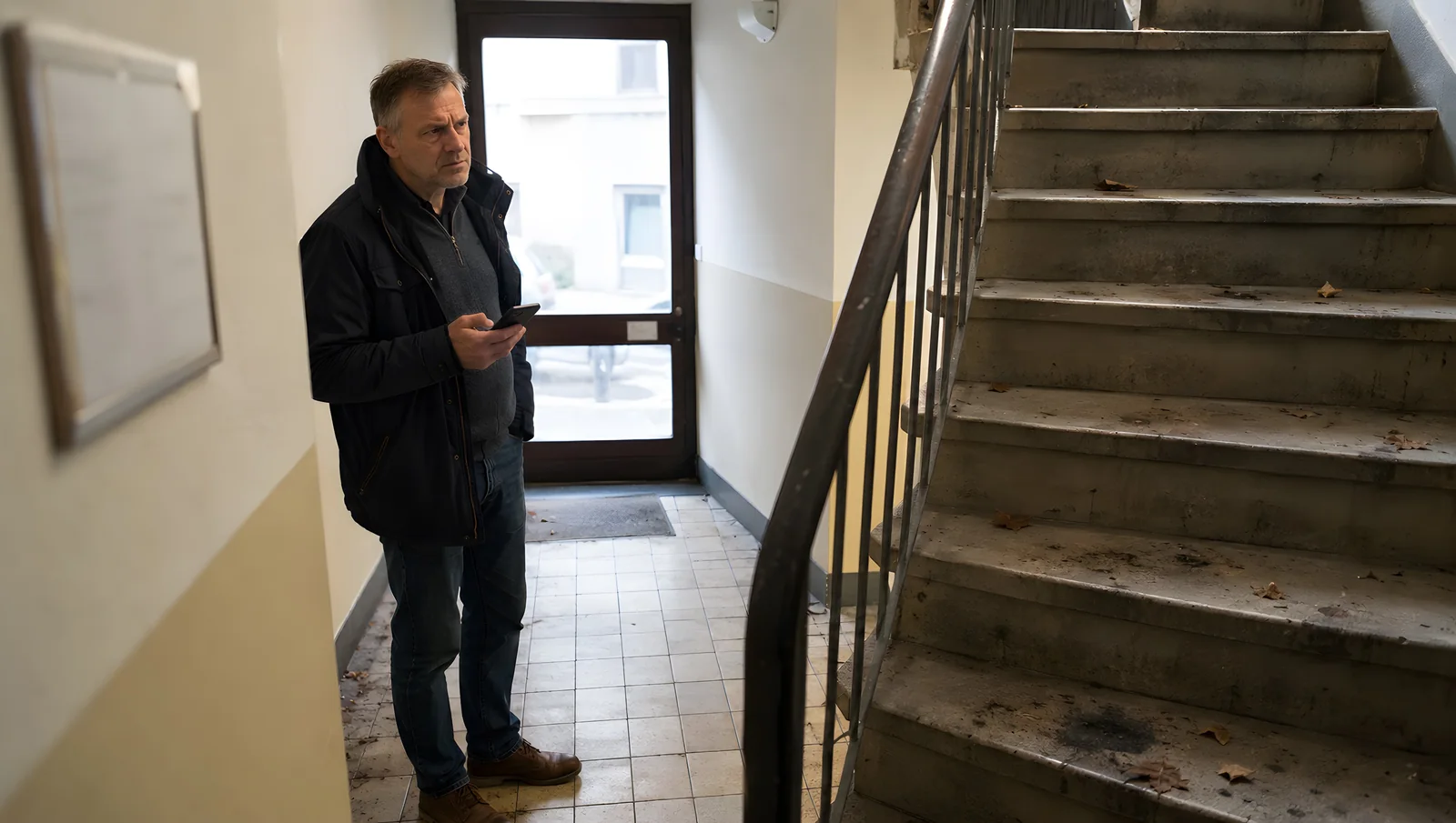 Dreckiges Treppenhaus in einem deutschen Mehrfamilienhaus, während ein Vermieter mit Smartphone auf die ungeputzten Stufen schaut
